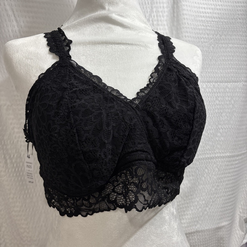 Aerie XL Black Floral Lace Racerback Bralette Wireless Removable Pads Sexy Goth